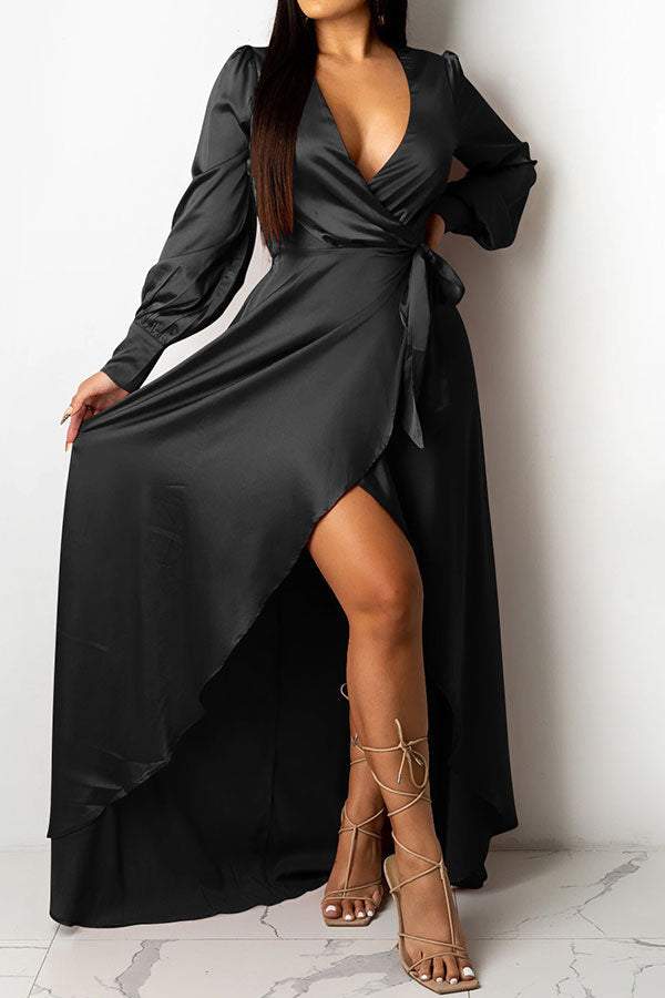 Solid Color Deep V Neck Luxe Lace-Up Split Maxi Dress