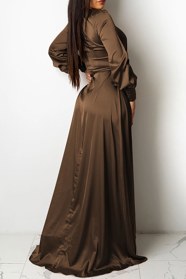 Solid Color Deep V Neck Luxe Lace-Up Split Maxi Dress