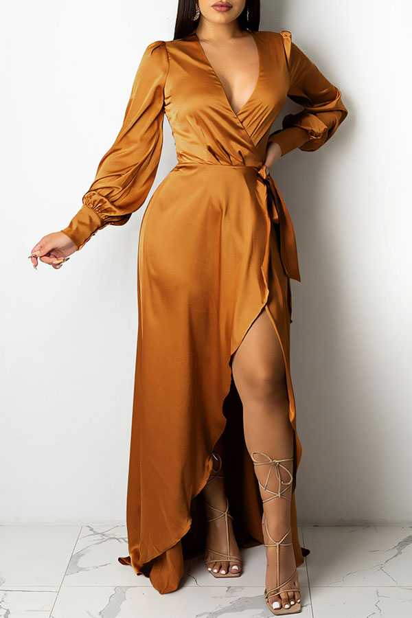 Solid Color Deep V Neck Luxe Lace-Up Split Maxi Dress