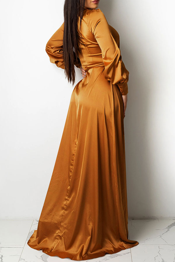 Solid Color Deep V Neck Luxe Lace-Up Split Maxi Dress