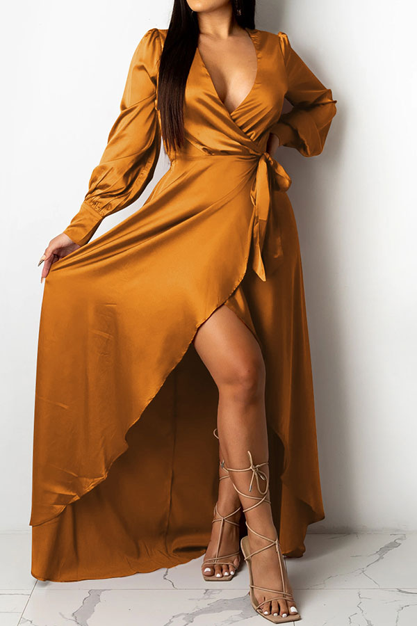 Solid Color Deep V Neck Luxe Lace-Up Split Maxi Dress