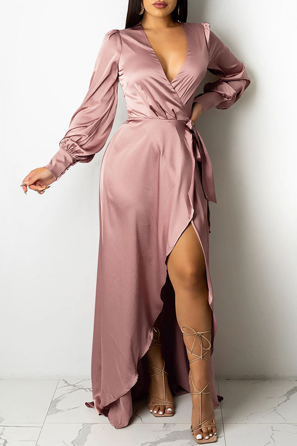 Solid Color Deep V Neck Luxe Lace-Up Split Maxi Dress