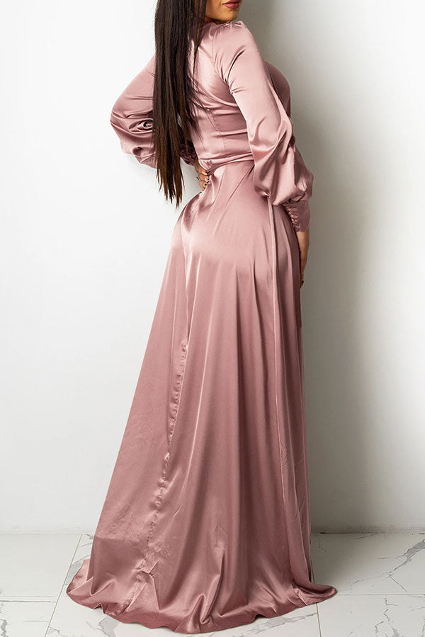 Solid Color Deep V Neck Luxe Lace-Up Split Maxi Dress