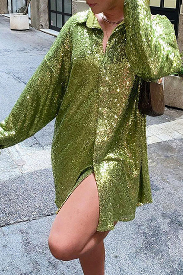 Sequined Lapel Sparkly Button Down Mini Dress
