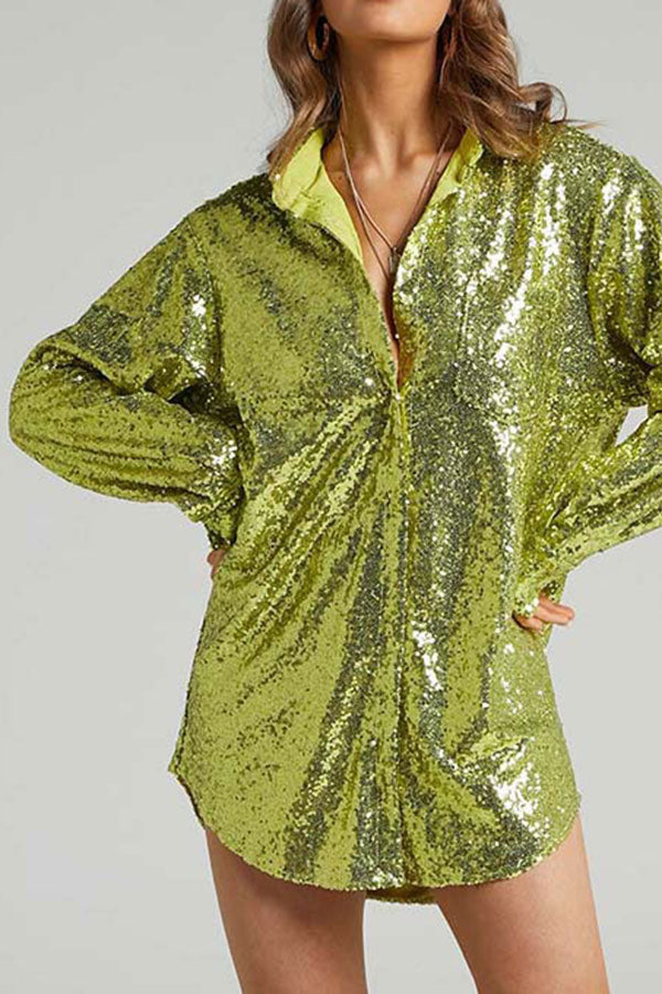 Sequined Lapel Sparkly Button Down Mini Dress