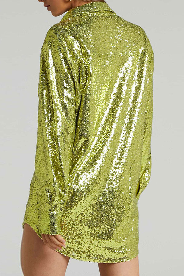 Sequined Lapel Sparkly Button Down Mini Dress