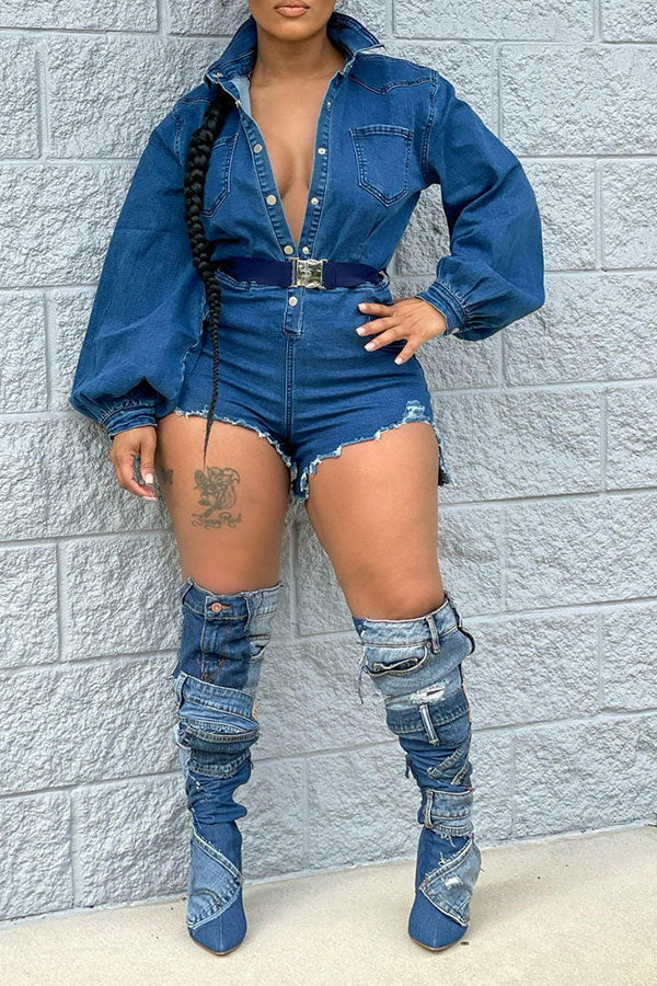 Denim Bowknot Stunning Puff Sleeve Romper