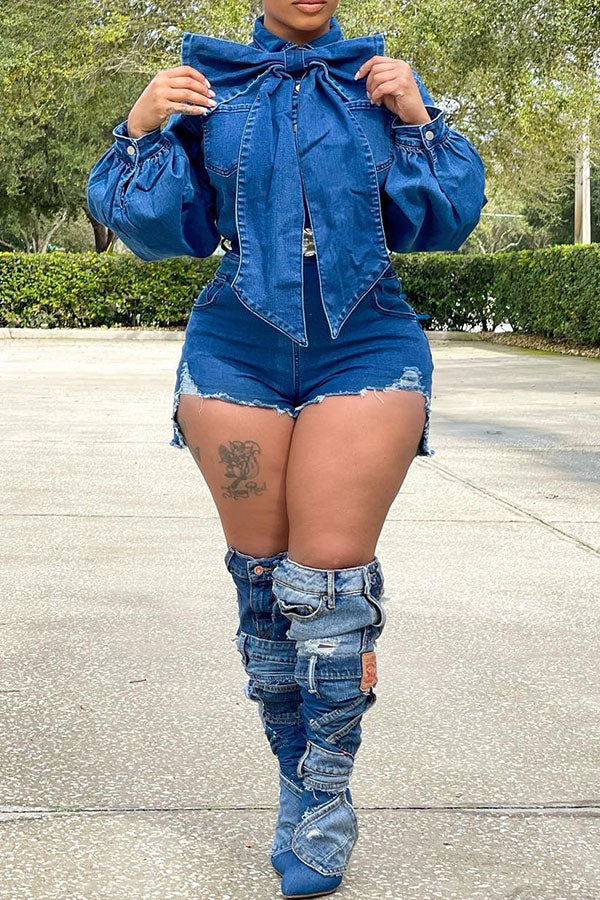 Denim Bowknot Stunning Puff Sleeve Romper