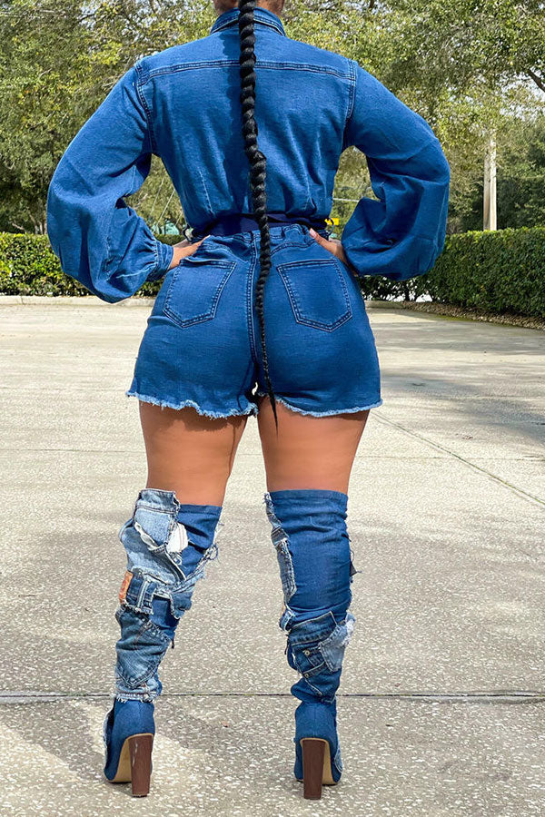 Denim Bowknot Stunning Puff Sleeve Romper
