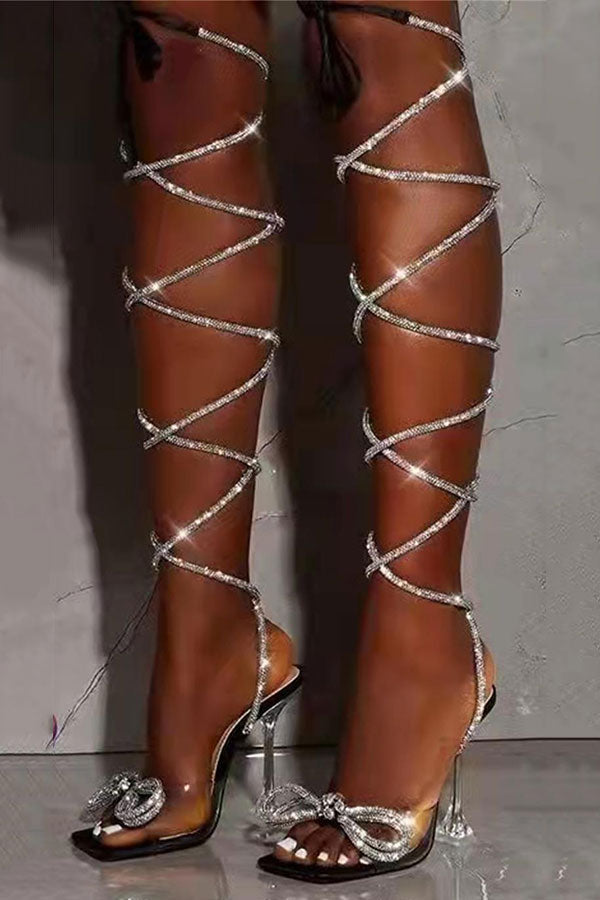 Rhinestone Sparkly Bowknot Strappy Clear Pyramid Heeled Sandals