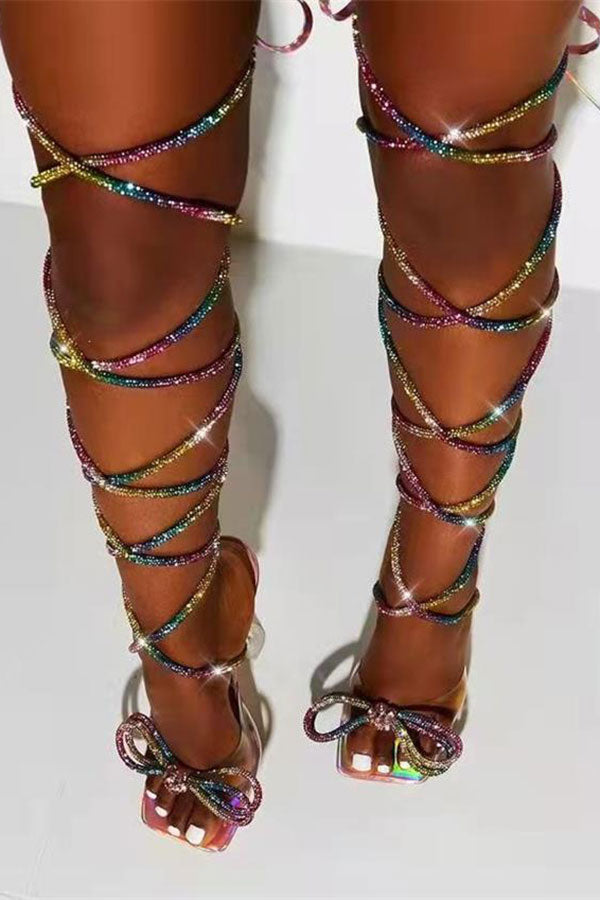 Rhinestone Sparkly Bowknot Strappy Clear Pyramid Heeled Sandals