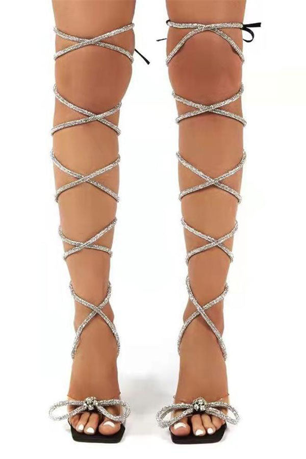 Rhinestone Sparkly Bowknot Strappy Clear Pyramid Heeled Sandals