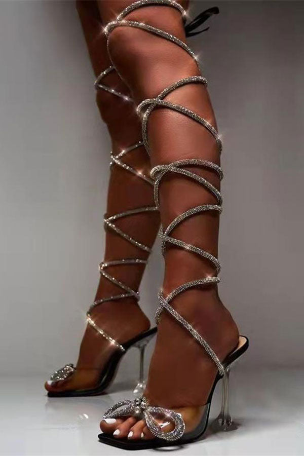 Rhinestone Sparkly Bowknot Strappy Clear Pyramid Heeled Sandals