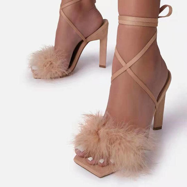 Feather Decor Solid Color Party Strappy Sandals