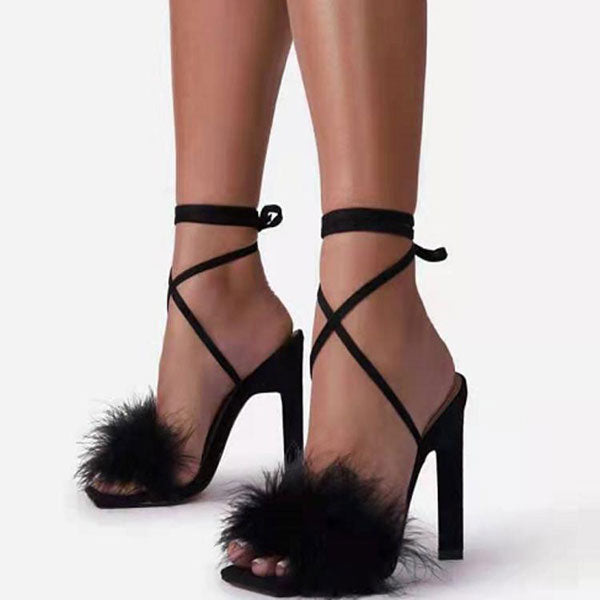 Feather Decor Solid Color Party Strappy Sandals