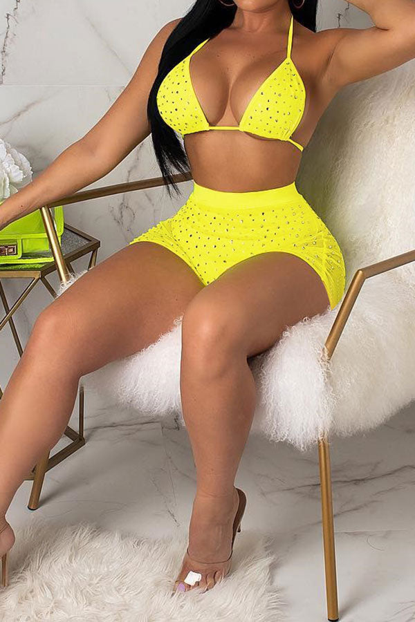 Solid Color Mesh Sequined Glittery Bikini & Shorts