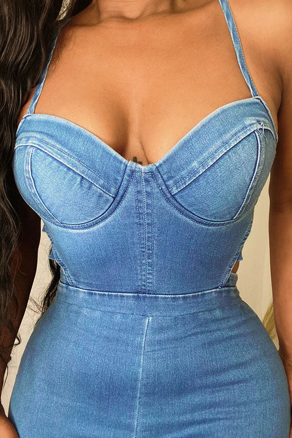 Blue Classic Cutout Denim Jumpsuit