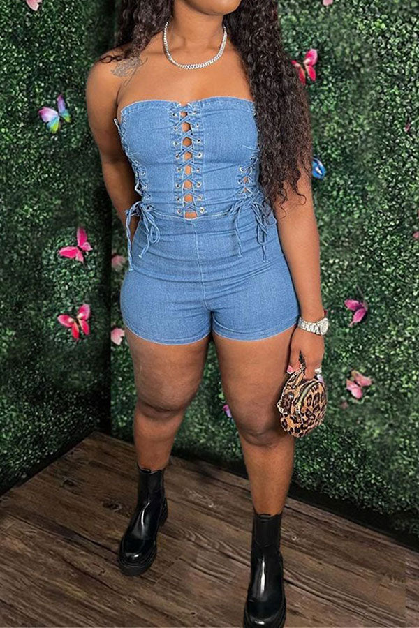 Solid Color On-trend Eyelets Strappy Denim Romper