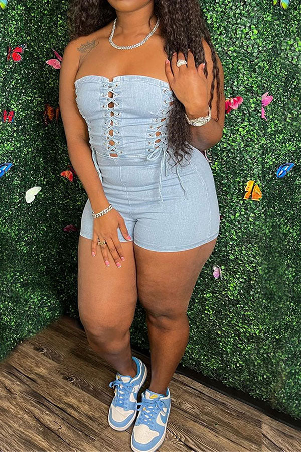 Solid Color On-trend Eyelets Strappy Denim Romper