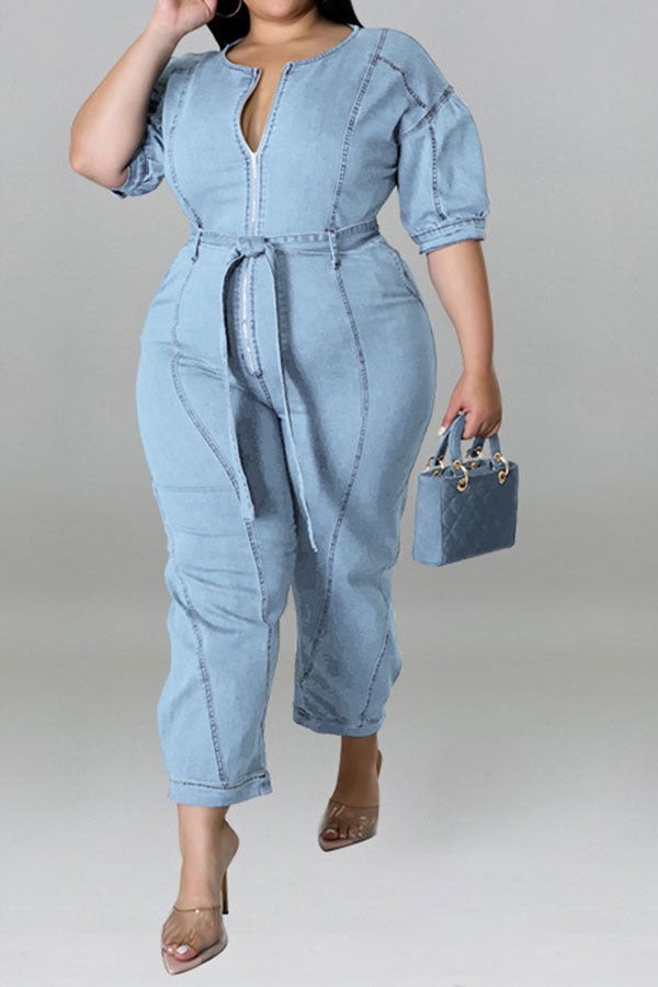 Solid Color Casual Zipper Denim Jumpsuit With Belt