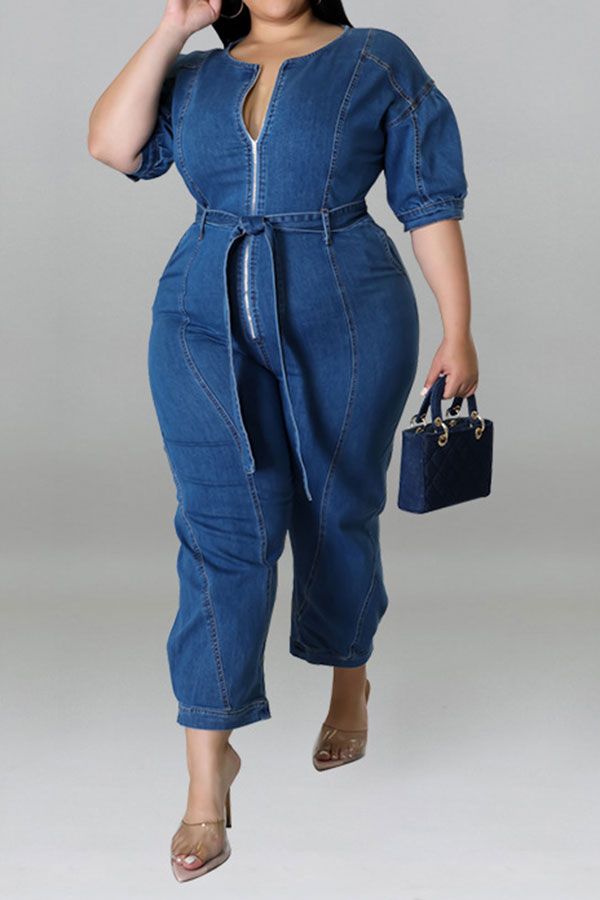 Solid Color Casual Zipper Denim Jumpsuit With Belt
