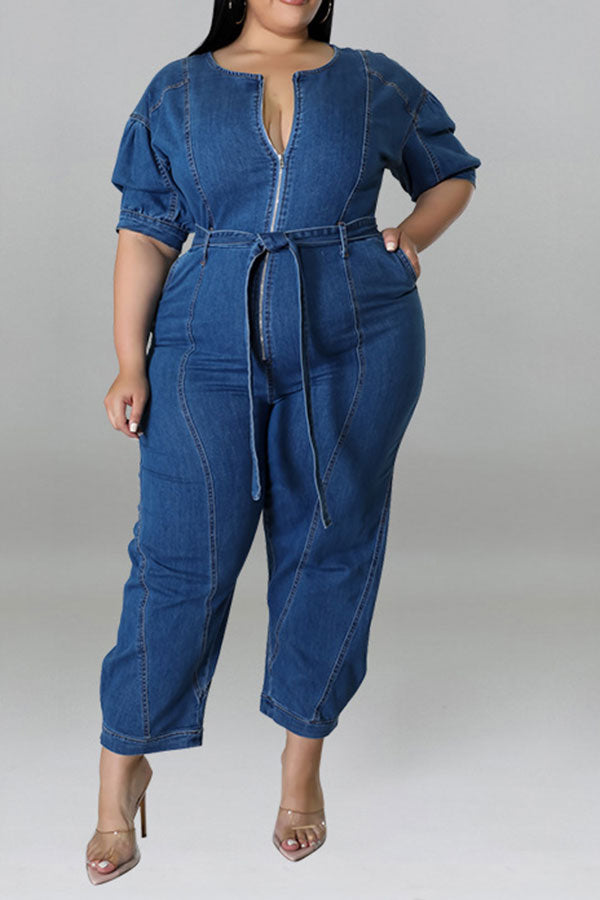 Solid Color Casual Zipper Denim Jumpsuit With Belt