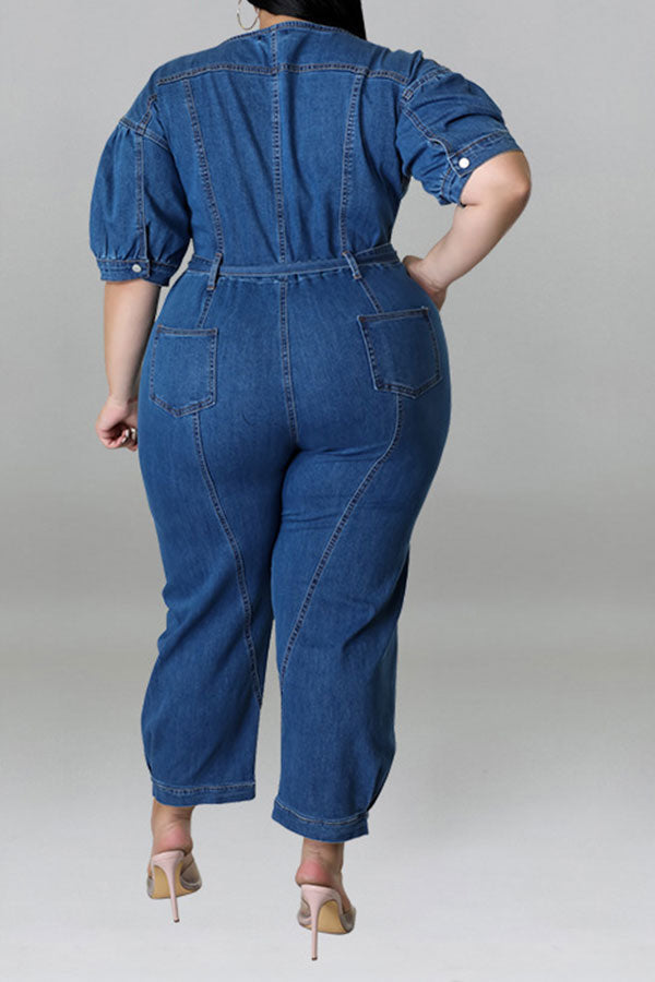 Solid Color Casual Zipper Denim Jumpsuit With Belt