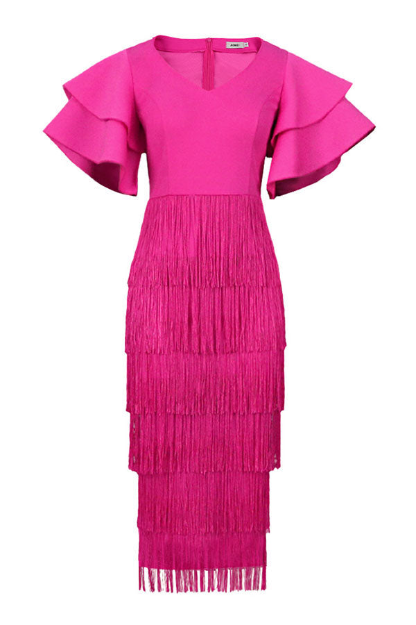 Rose Red Ruffle Sleeve Cute Tiered Tassel Midi Dress