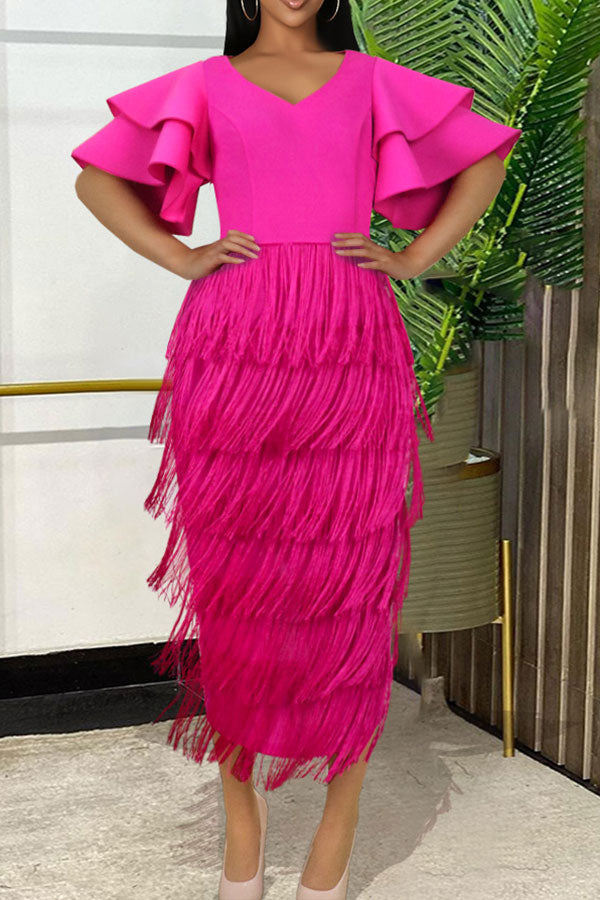 Rose Red Ruffle Sleeve Cute Tiered Tassel Midi Dress