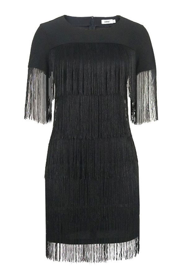 Black Smart Patchwork Tiered Tassel Mini Dress