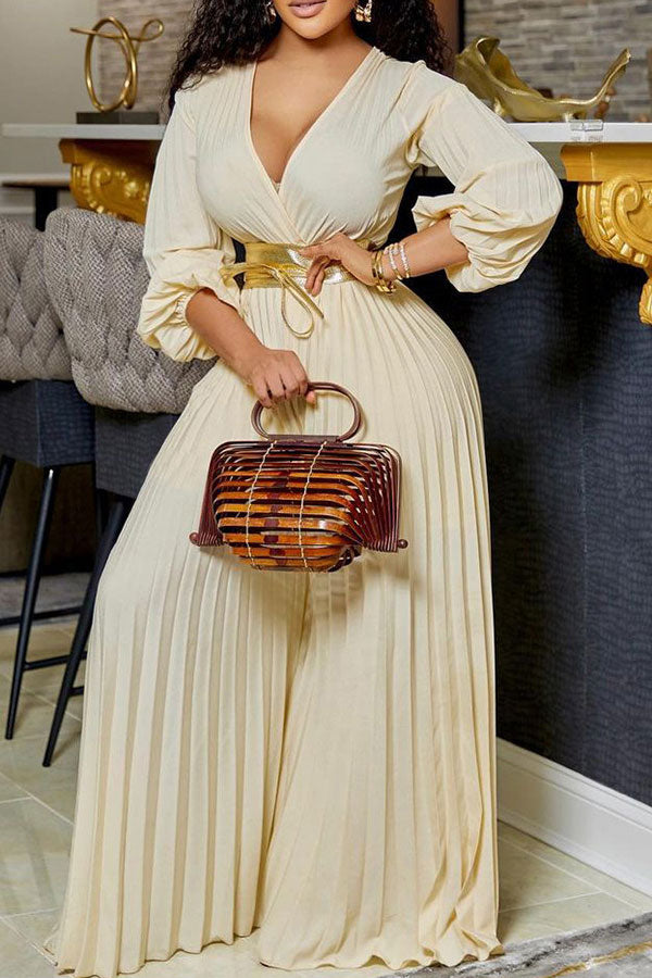 Solid Color On-trend Pleated Wide Leg Jumpsuit With Belt