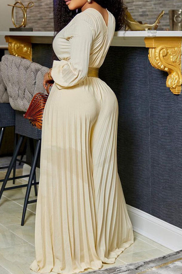 Solid Color On-trend Pleated Wide Leg Jumpsuit With Belt