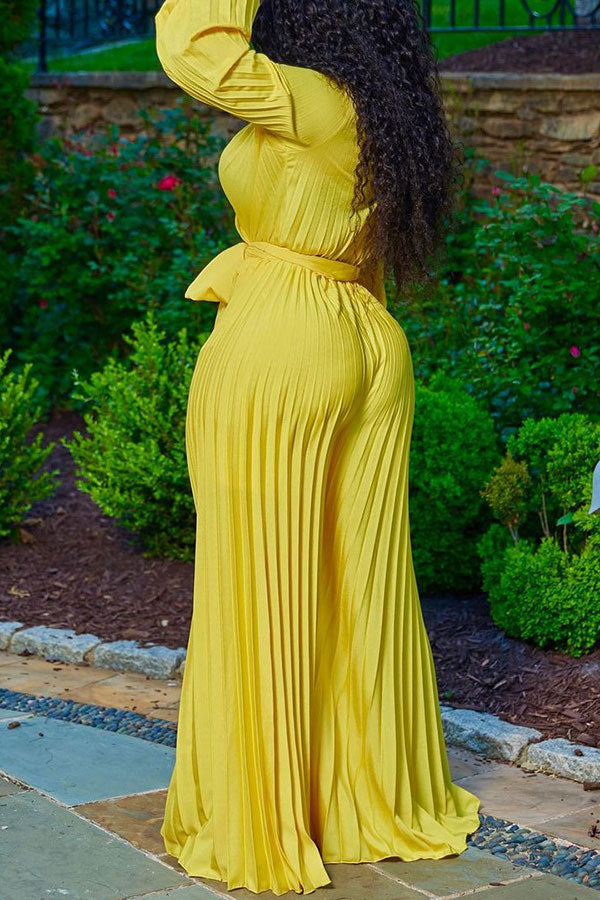 Solid Color On-trend Pleated Wide Leg Jumpsuit With Belt