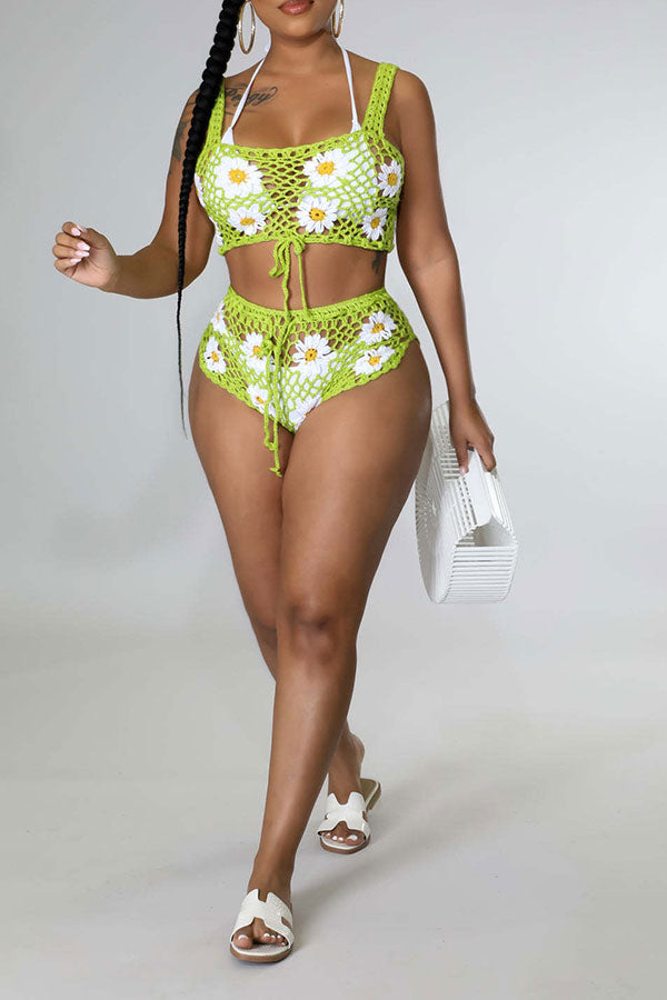 Flower Pattern Pretty Crochet Cutout Drawstring Pant Suit Beachwear