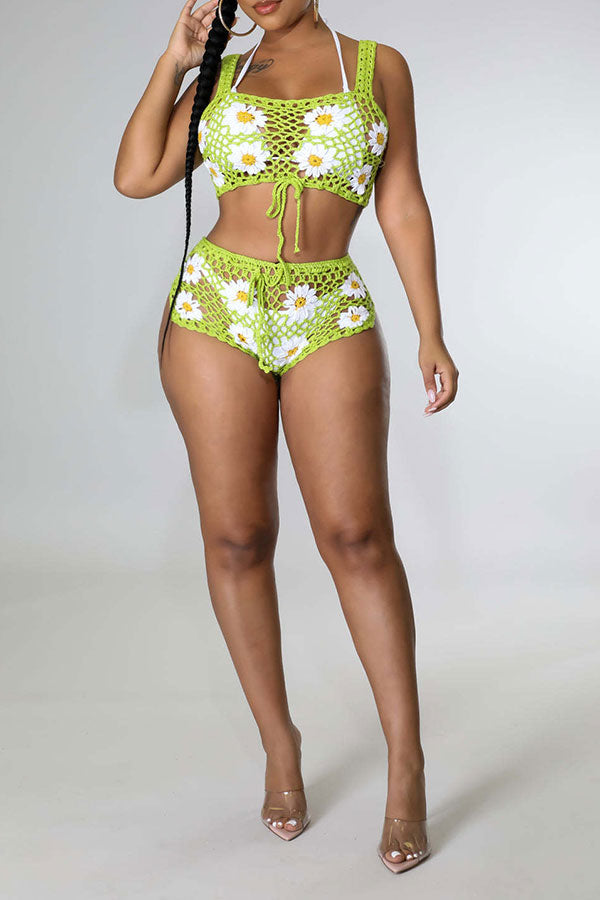 Flower Pattern Pretty Crochet Cutout Drawstring Pant Suit Beachwear