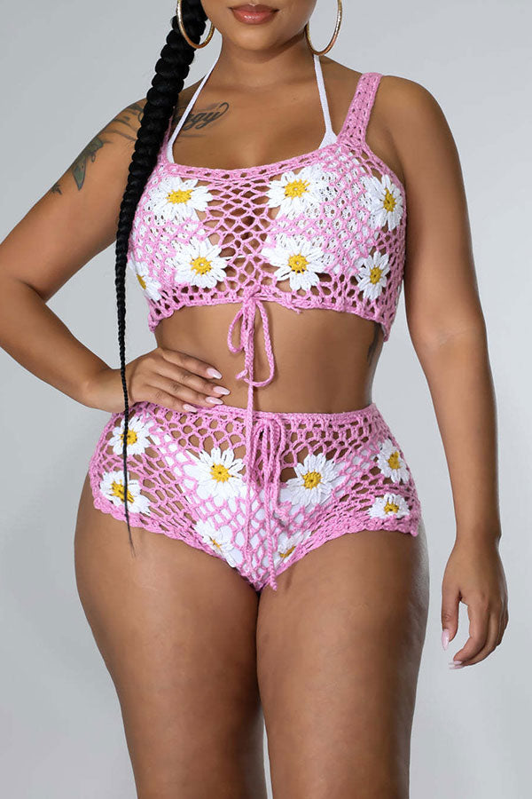 Flower Pattern Pretty Crochet Cutout Drawstring Pant Suit Beachwear