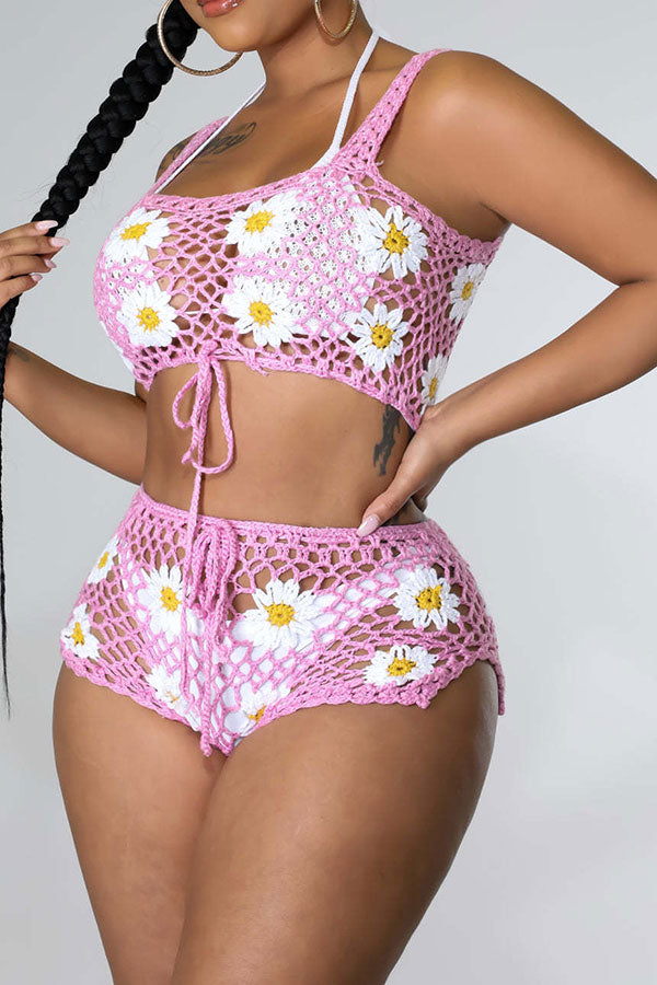 Flower Pattern Pretty Crochet Cutout Drawstring Pant Suit Beachwear