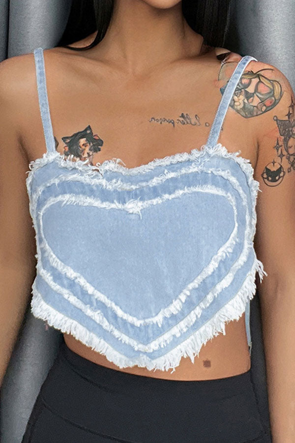 Heart Pattern Sweet Tassel Crop Denim Vest