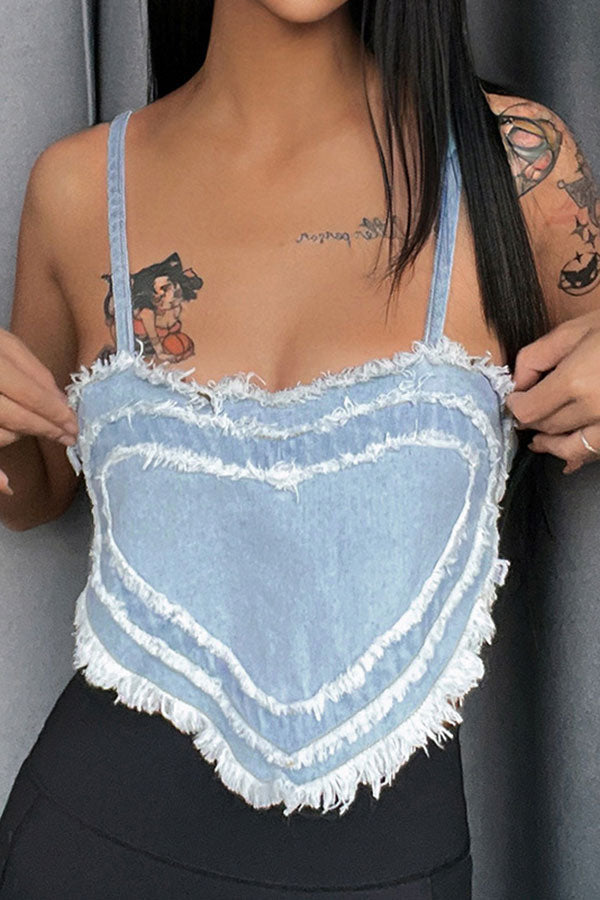 Heart Pattern Sweet Tassel Crop Denim Vest