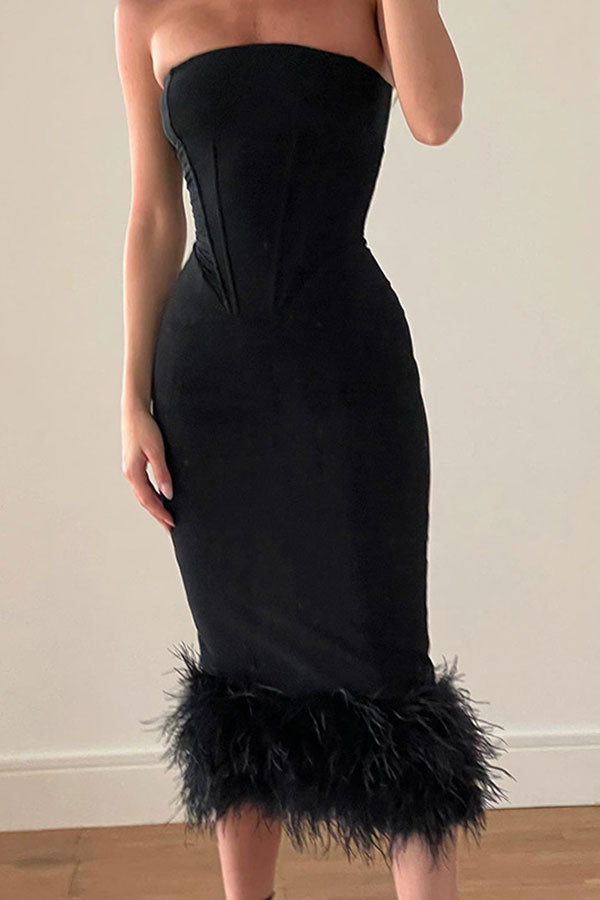 Black Stunning Feather Patchwork Bodycon Midi Dress