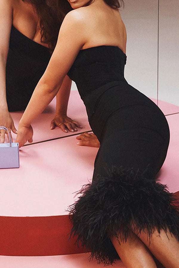 Black Stunning Feather Patchwork Bodycon Midi Dress