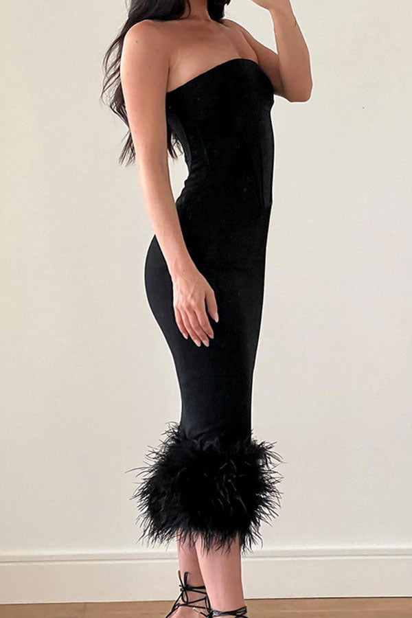 Black Stunning Feather Patchwork Bodycon Midi Dress