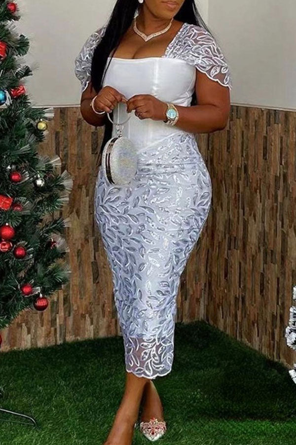 Leaf Lace Patchwork Sophisticated Split Back Midi Dress