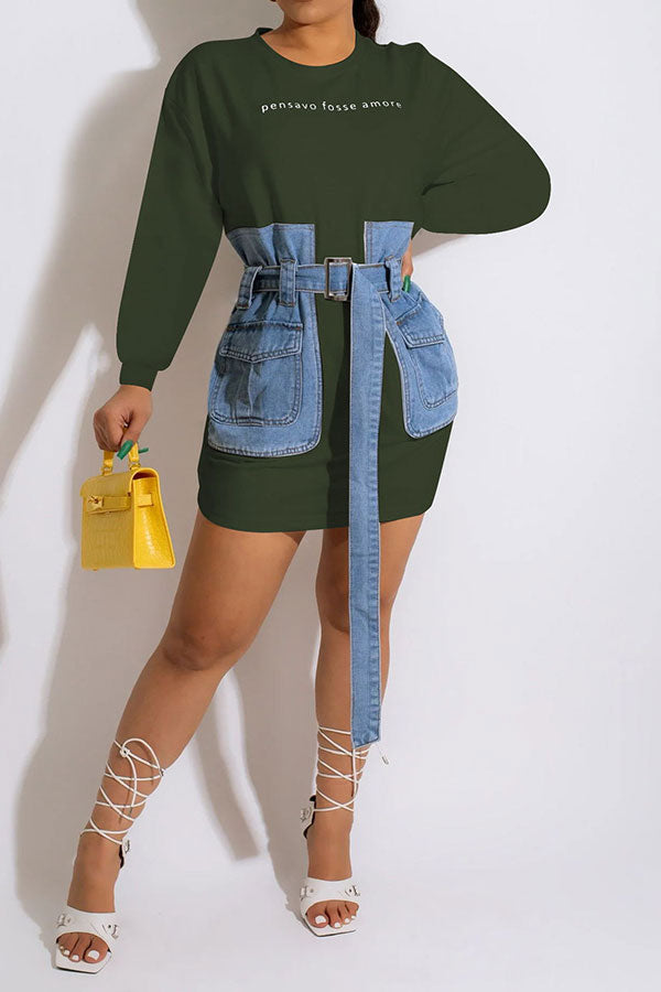 Letter Embroidery Modern Denim Patchwork Belted Mini Dress