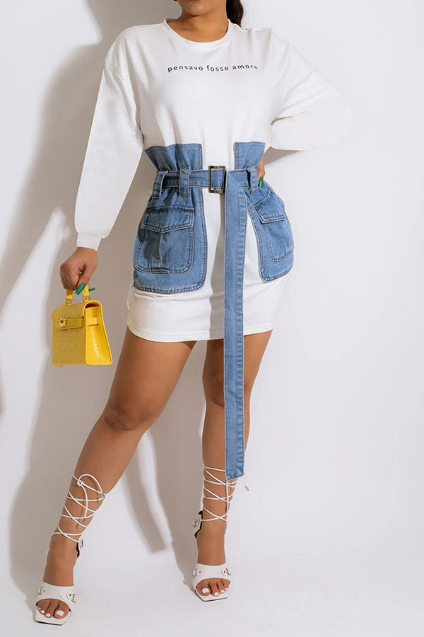 Letter Embroidery Modern Denim Patchwork Belted Mini Dress