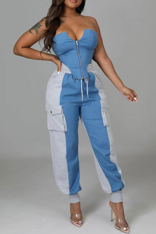 Denim Patchwork Sporty Pocket Design Pant Suit
