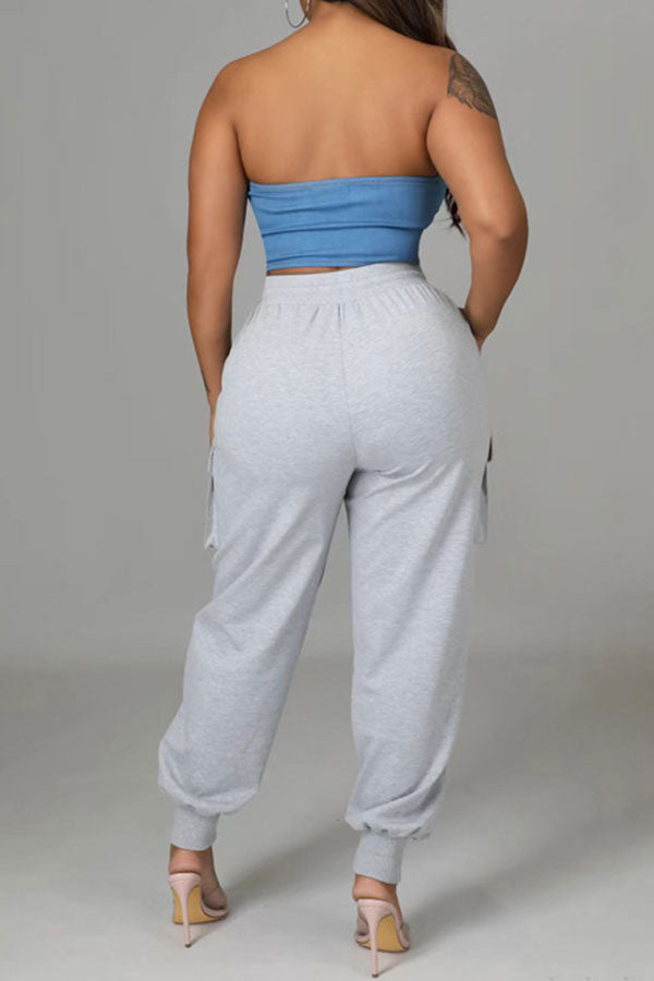 Denim Patchwork Sporty Pocket Design Pant Suit