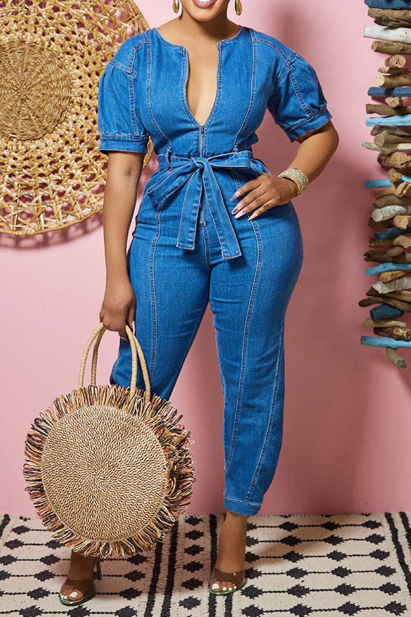 Blue Zipper Classic Belted Denim Jumpsuit