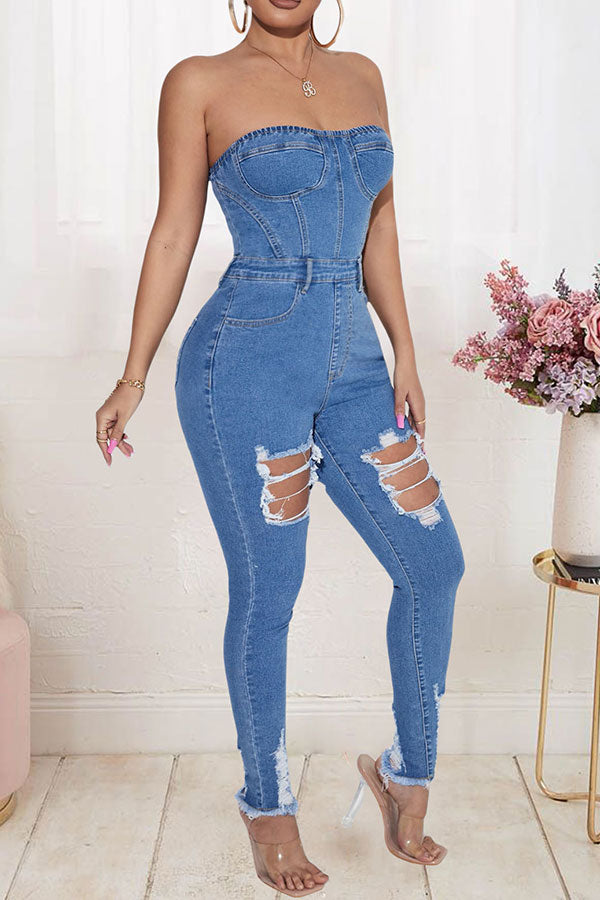 Solid Color Stylish Ripped Burrs Denim Jumpsuit
