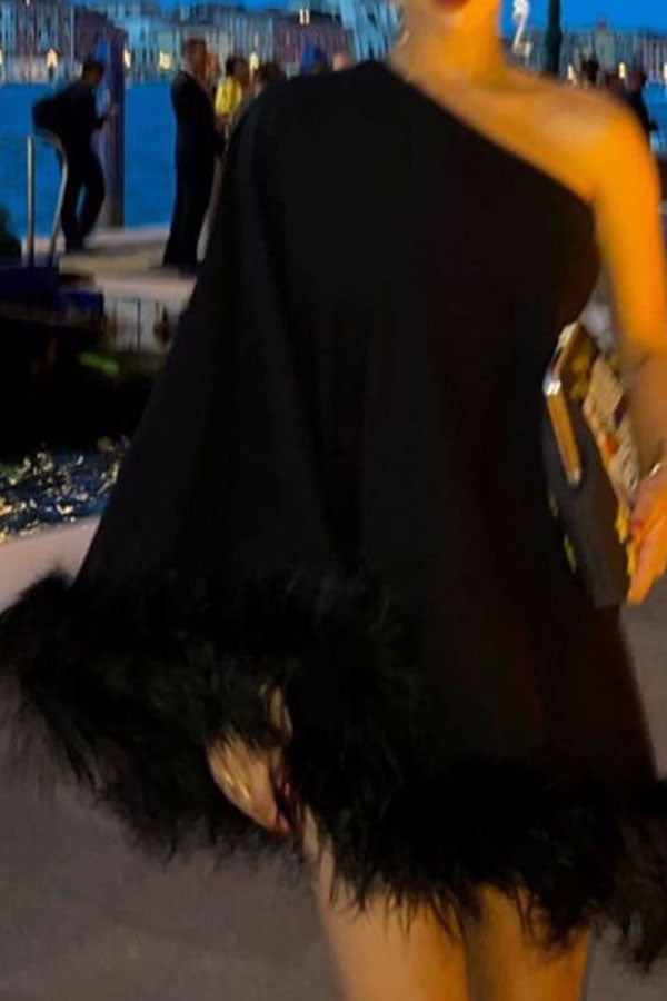 Fuzzy Trim One Shoulder Unique Cape Mini Dress